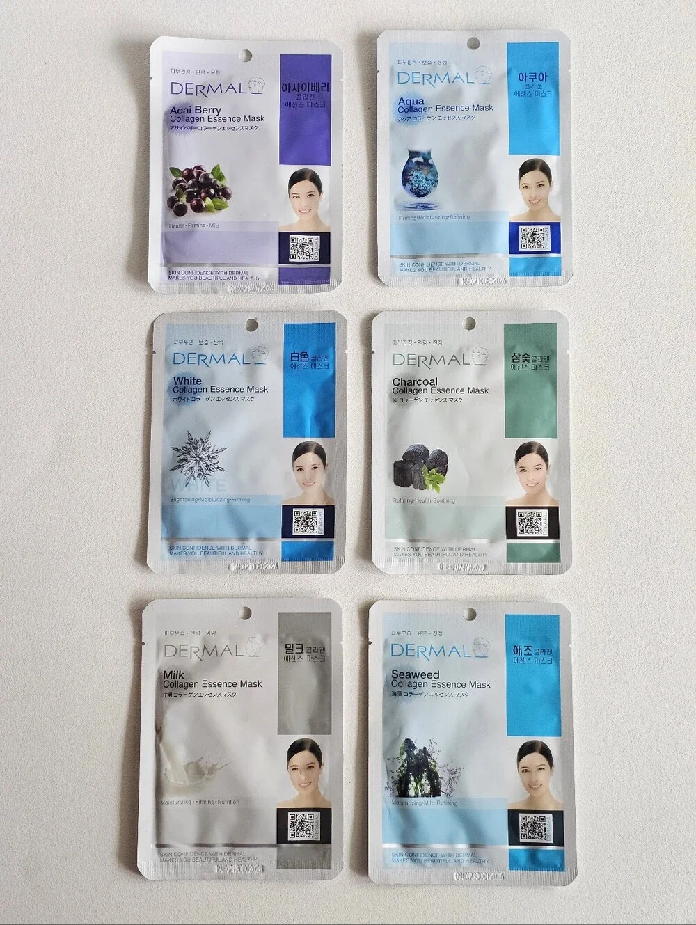 Dermal Collagen Essence Face Mask Set Bundle Aqua Acai Berry Charcoal Seaweed